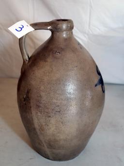 2-GALLON COBALT SALT GLAZE JUG, JEISER BUFFALO NEW YORK, SOME DAMAGE ON FRO