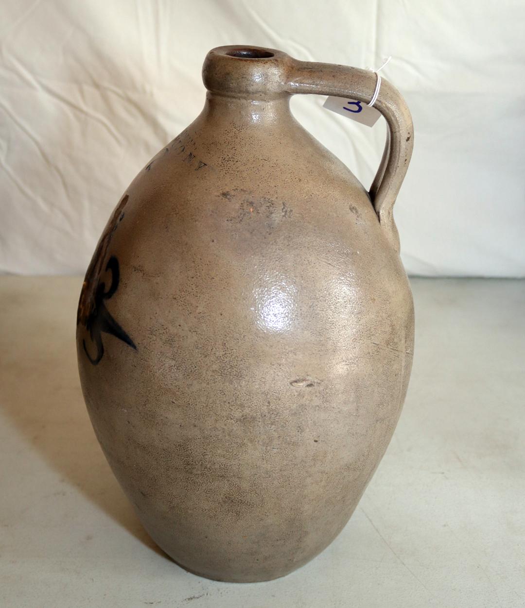 2-GALLON COBALT SALT GLAZE JUG, JEISER BUFFALO NEW YORK, SOME DAMAGE ON FRO