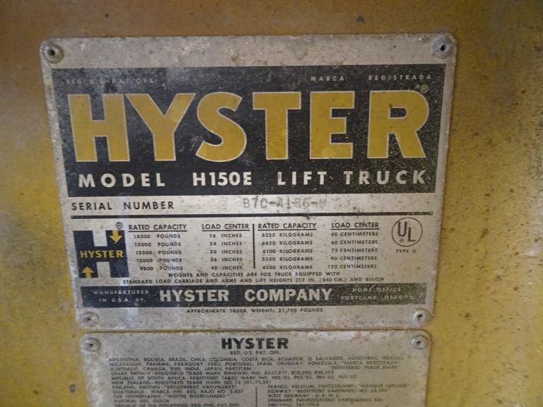 HYSTER H150 E FORKLIFT, PROPANE, 2-STAGE MAST, 72'' FORKS, 17000LB, GMC V-6
