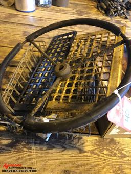 STEERING WHEEL, ASSORTED METAL BASKETS, ASSORTED DOOR LOCKS AND DOOR HANDLES