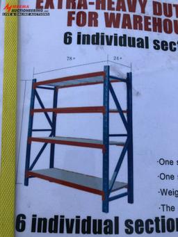 NEW PALLET RACKING, 78'' X 24'' X 78'', [6] SECTIONS, [12] UPRIGHTS, [48] CROSSBEAMS, [24] METAL SHE