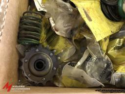 BOX OF ASSORTED SMALL JOHN DEERE PARTS, INCLUDES ASSORTED BEARINGS, SPRINGS, SEALS, SPROCKETS, AND M