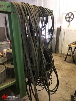 ASSORTED DRIVE BELTS, INCLUDES NEW AND USED, VARIOUS SIZES AND TYPES.