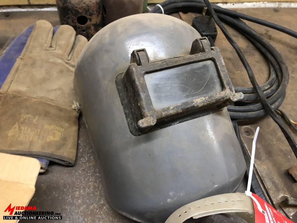 ASSORTED WELDING HELMETS, EXTENSION CORDS, TORCH PARTS, GLOVES, WELDING CHIPPING HAMMERS, ETC.