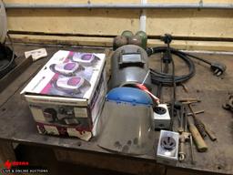 ASSORTED WELDING HELMETS, EXTENSION CORDS, TORCH PARTS, GLOVES, WELDING CHIPPING HAMMERS, ETC.