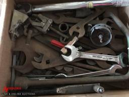 ASSORTED TOOLS, TORCH HOSE, TOOL BOX, CREEPER, WOODEN LADDER