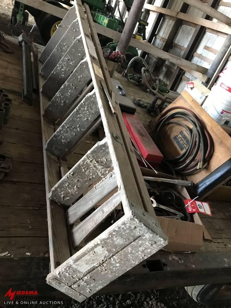 ASSORTED TOOLS, TORCH HOSE, TOOL BOX, CREEPER, WOODEN LADDER