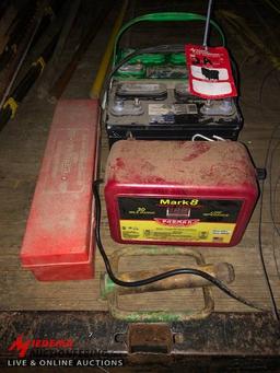 FENCE CHARGER, WARNING TRIANGLE KIT, LARGE PIN, USED BATTERIES [2]