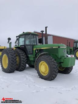 JOHN DEERE 4650 TRACTOR, MFWD, 6405 HOURS, 520/85 R38 DUALS, 3 SEV'S, QUICK HITCH, PTO, SN: RW4650P0