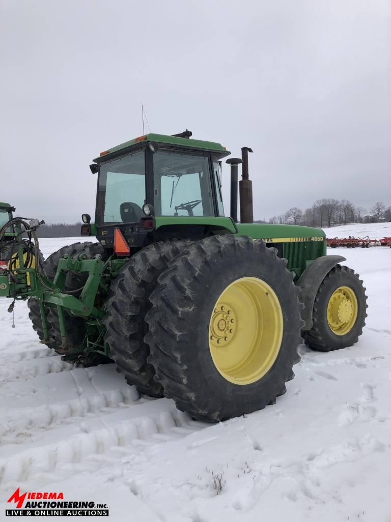 JOHN DEERE 4650 TRACTOR, MFWD, 6405 HOURS, 520/85 R38 DUALS, 3 SEV'S, QUICK HITCH, PTO, SN: RW4650P0