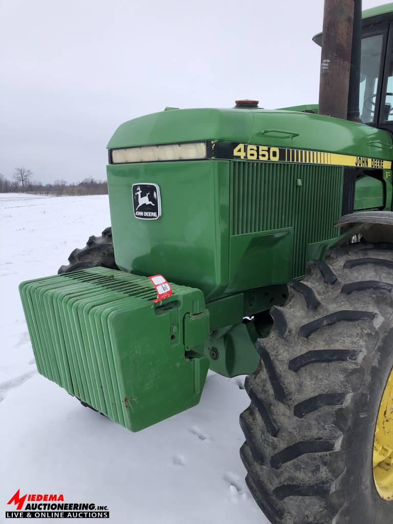 JOHN DEERE 4650 TRACTOR, MFWD, 6405 HOURS, 520/85 R38 DUALS, 3 SEV'S, QUICK HITCH, PTO, SN: RW4650P0