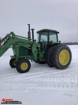 JOHN DEERE 4450 TRACTOR WITH 265 LOADER, 2WD, 5749 HOURS, 18.4R42 DUALS, 2 SEV'S, QUICK HITCH, PTO,