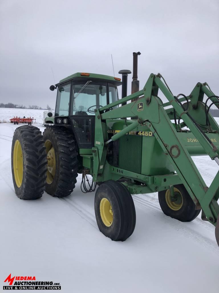 JOHN DEERE 4450 TRACTOR WITH 265 LOADER, 2WD, 5749 HOURS, 18.4R42 DUALS, 2 SEV'S, QUICK HITCH, PTO,