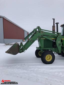 JOHN DEERE 4450 TRACTOR WITH 265 LOADER, 2WD, 5749 HOURS, 18.4R42 DUALS, 2 SEV'S, QUICK HITCH, PTO,