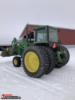 JOHN DEERE 4450 TRACTOR WITH 265 LOADER, 2WD, 5749 HOURS, 18.4R42 DUALS, 2 SEV'S, QUICK HITCH, PTO,