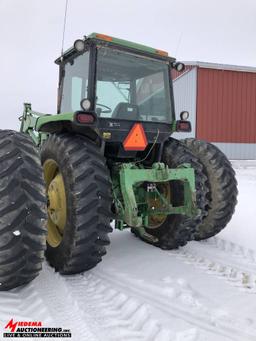 JOHN DEERE 4450 TRACTOR WITH 265 LOADER, 2WD, 5749 HOURS, 18.4R42 DUALS, 2 SEV'S, QUICK HITCH, PTO,