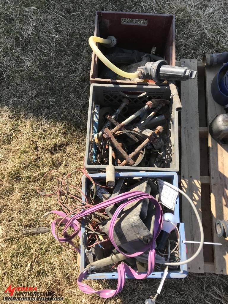 3 BASKETS OF PARTS INCLUDING FITTINGS, SPRAYER PARTS, ETC.