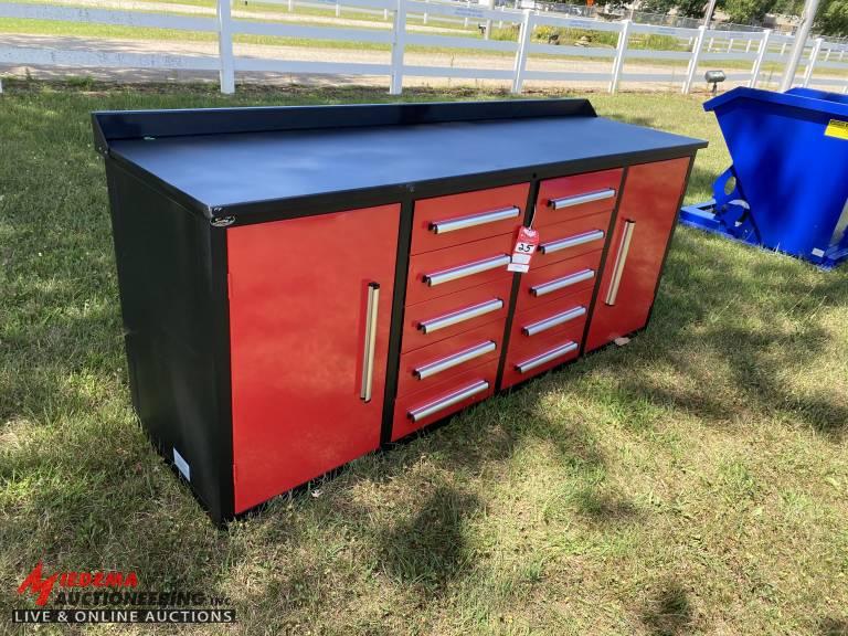 NEW TOOL BOX, 2-SIDE CABINET DOORS, 10-DRAWERS, 87'' LONG X 25'' DEEP X 36'' TALL