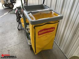 RUBBERMAID CLEANING CART WITH MOP BUCKET, MOP, TRASH BAG