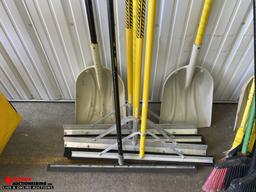 ASSORTED BROOMS, SHOVELS, SQUEEGEES