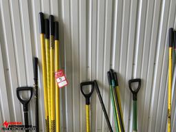 ASSORTED BROOMS, SHOVELS, SQUEEGEES