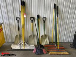 ASSORTED BROOMS, SHOVELS, SQUEEGEES