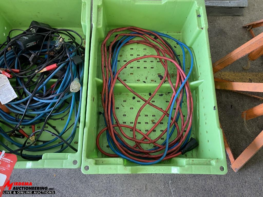 ASSORTED TRICKLE CHARGERS, EXTENSION CORDS, METAL STANDS