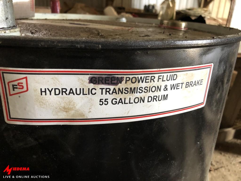 HYDRAULIC TRANSMISSION & WET BRAKE OIL IN 55-GALLON DRUM WITH PUMP, APPROX 1/2 FULL