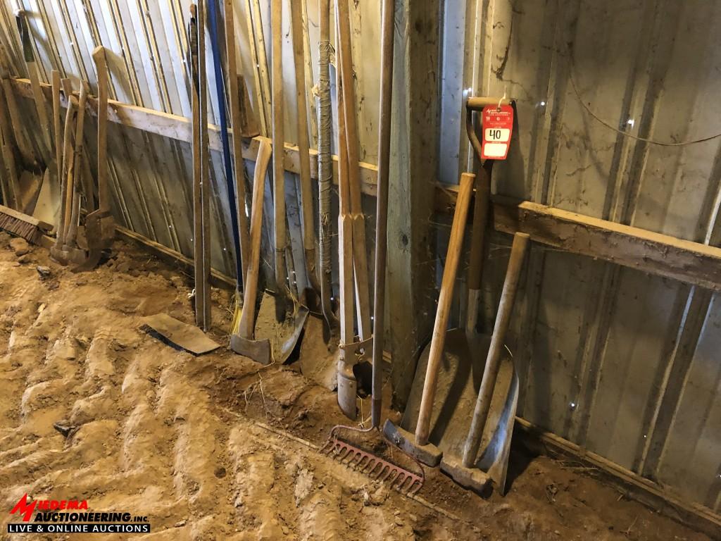 ASSORTED SHOVELS, SLEDGE HAMMER, AXE, RAKE, POST HOLE DIGGER, BROOM