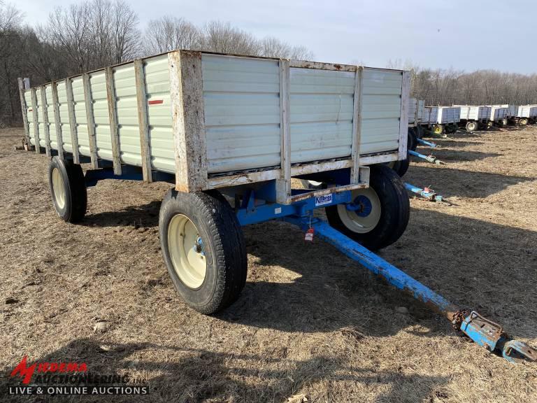 FLATBED WAGON WITH SIDES, KILLBROS 1280 RUNNING GEAR, TRUCK TIRES, 16' X 8'