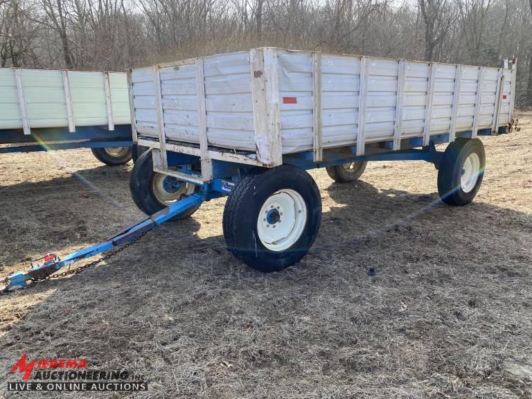 FLATBED WAGON WITH SIDES, KILLBROS 1280 RUNNING GEAR, TRUCK TIRES, 16' X 8'