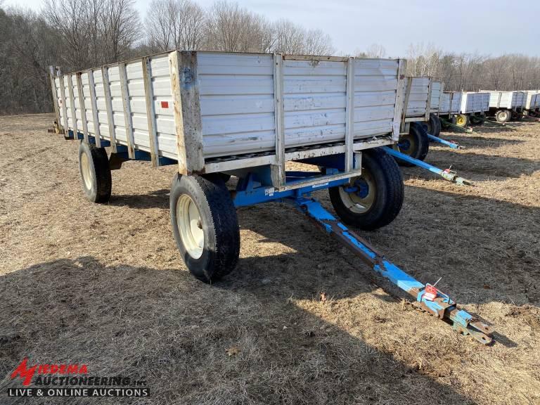 FLATBED WAGON WITH SIDES, KILLBROS 1280 RUNNING GEAR, TRUCK TIRES, 16' X 8'