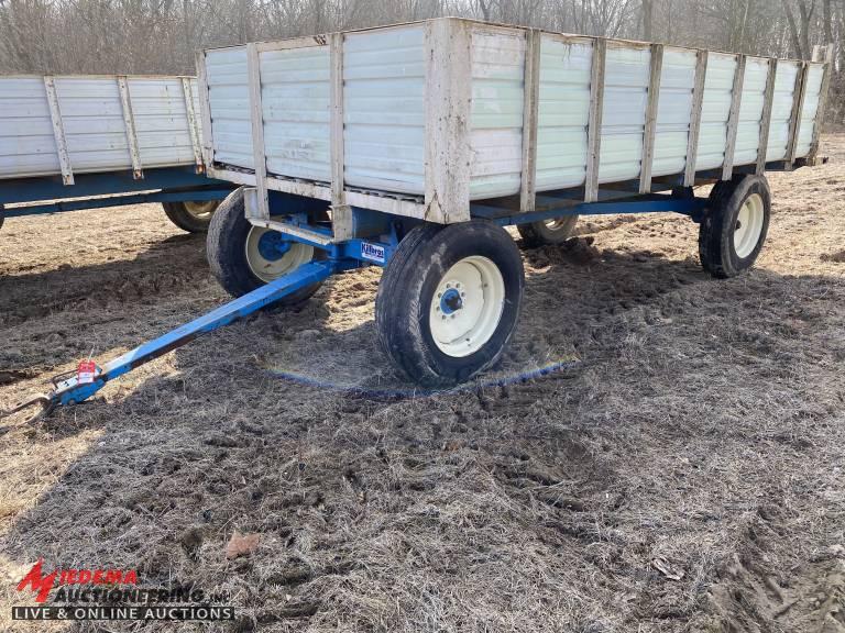 FLATBED WAGON WITH SIDES, KILLBROS 1280 RUNNING GEAR, TRUCK TIRES, 16' X 8'