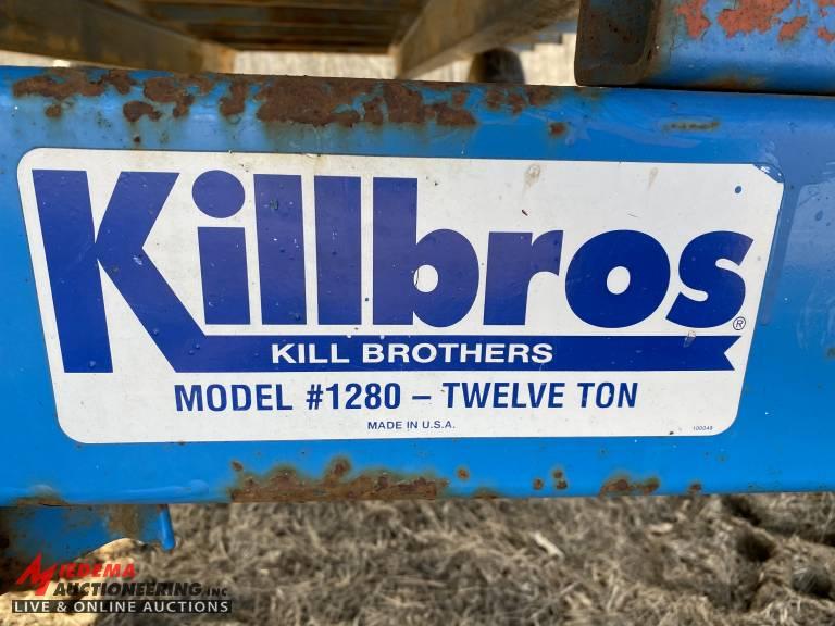 FLATBED WAGON WITH SIDES, KILLBROS 1280 RUNNING GEAR, TRUCK TIRES, 16' X 8'