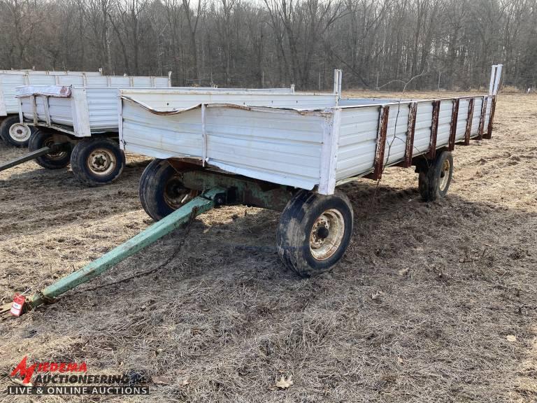 FLATBED WAGON WITH SIDES, HUSKEE T-8 RUNNING GEAR, 14' X 8'