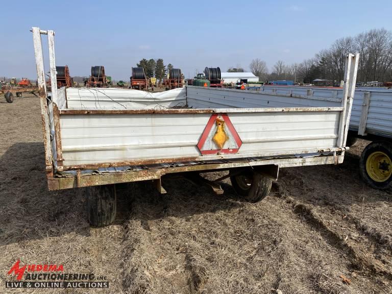 FLATBED WAGON WITH SIDES, HUSKEE T-8 RUNNING GEAR, 14' X 8'