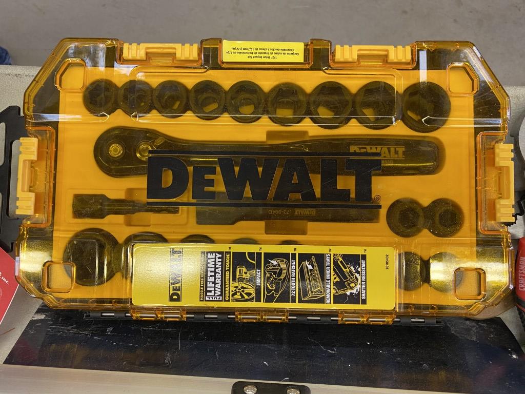 DEWALT 1/2'' RATCHET & SOCKET SET, STANDARD & METRIC, AND ASSORTED TOOLS