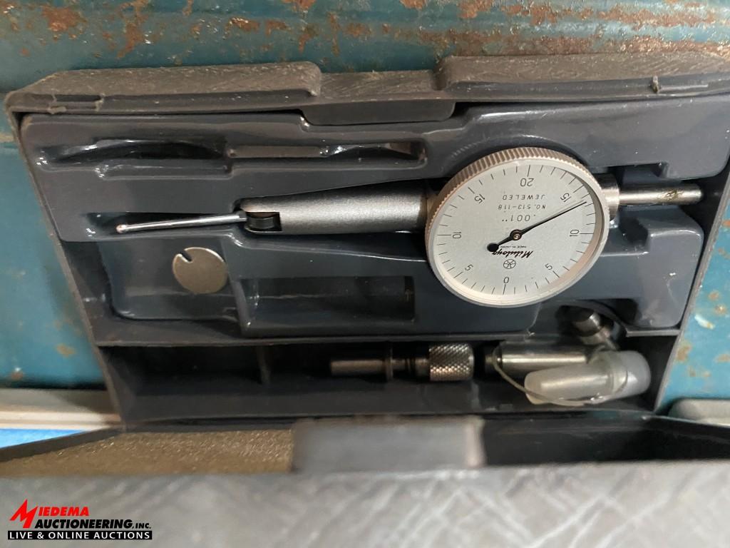 ASSORTED MICROMETERS, DIAL GAUGES, CALIPER, TOOL BOX AND MORE