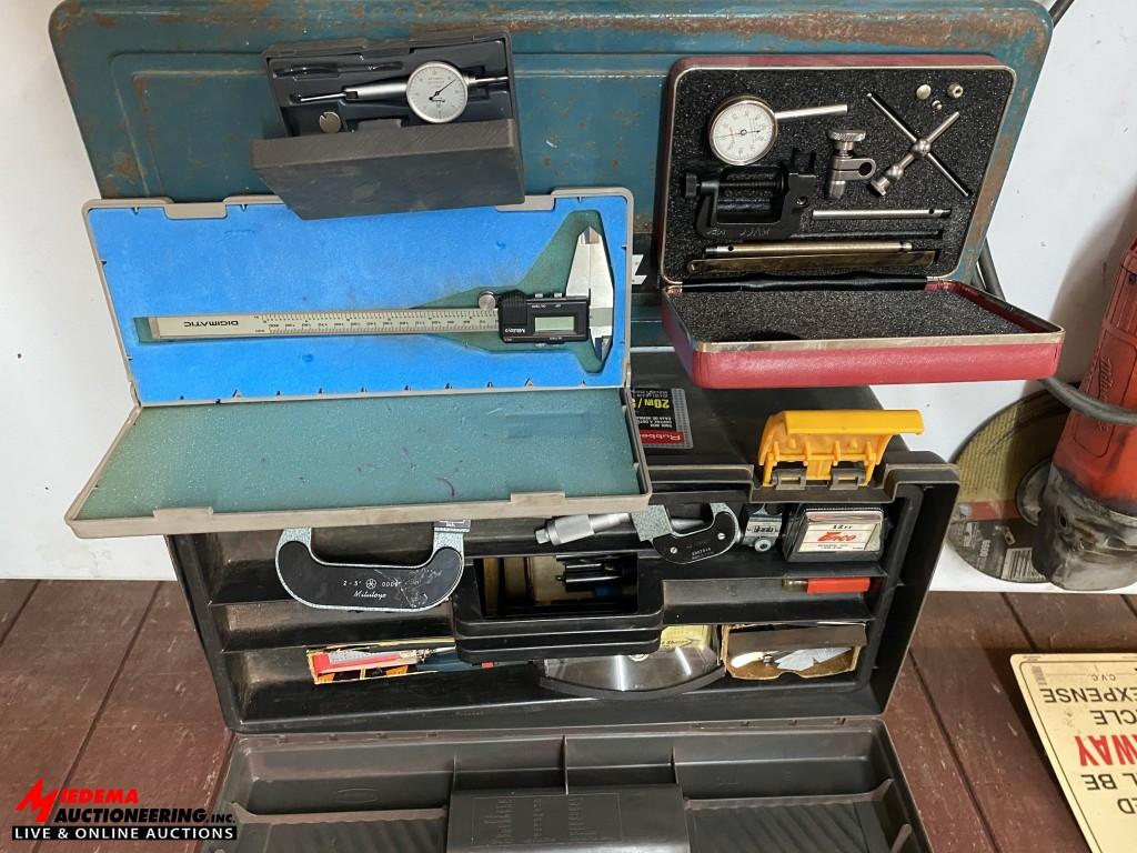 ASSORTED MICROMETERS, DIAL GAUGES, CALIPER, TOOL BOX AND MORE