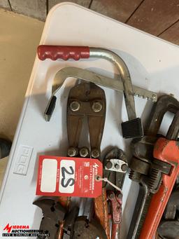 ASSORTED PIPE WRENCHES, BOLT CUTTERS, CRIMPERS