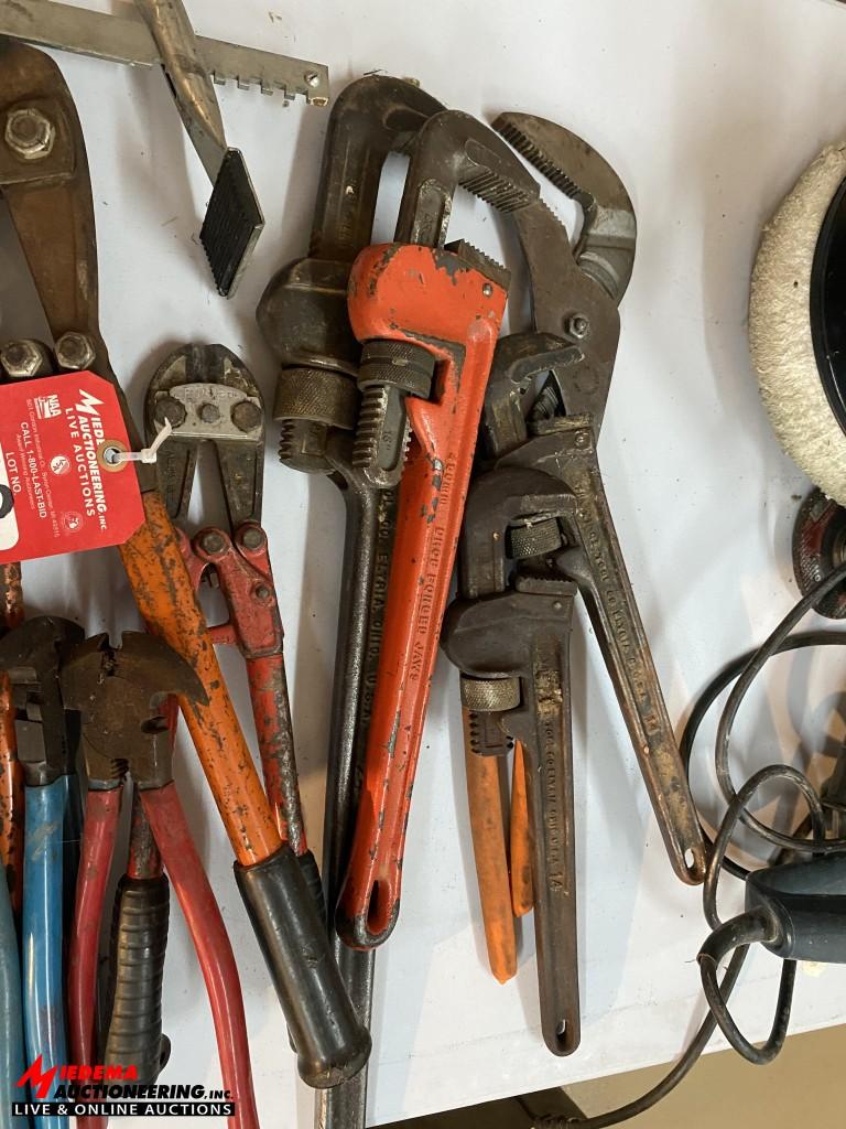 ASSORTED PIPE WRENCHES, BOLT CUTTERS, CRIMPERS