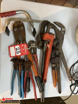 ASSORTED PIPE WRENCHES, BOLT CUTTERS, CRIMPERS