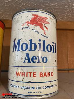 VINTAGE INDIAN MOTORCYCLE OIL CAN, VALVOLINE OIL CAN, AND MOBILOIL AERO , WHITE BRAND CAN. ALL UNOPE