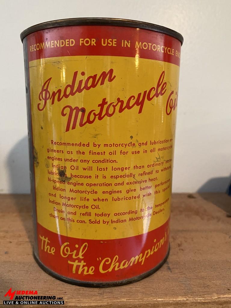 VINTAGE INDIAN MOTORCYCLE OIL CAN, VALVOLINE OIL CAN, AND MOBILOIL AERO , WHITE BRAND CAN. ALL UNOPE