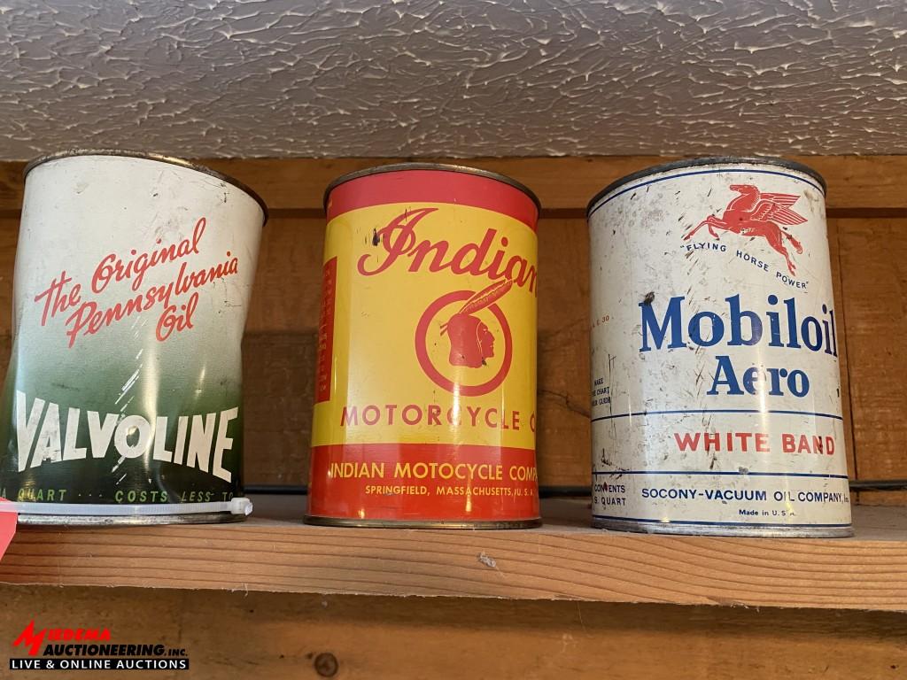 VINTAGE INDIAN MOTORCYCLE OIL CAN, VALVOLINE OIL CAN, AND MOBILOIL AERO , WHITE BRAND CAN. ALL UNOPE