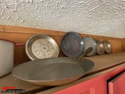 ASSORTED POTS, PANS, TIN PIE TRAYS