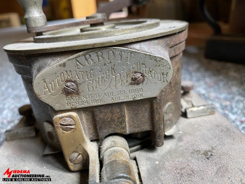 IRON ANTIQUES ASSORTED VINTAGE ITEMS & VINTAGE CHECK PUNCH MACHINE