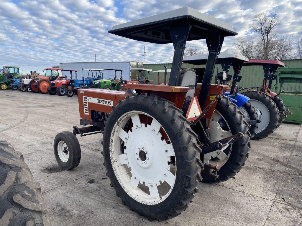 HESSTON 466 FIAT TRACTOR, 3PT, PTO, 2-REMOTES, CANOPY, 11.2R48 REAR TIRES, 7669 HOURS SHOWING, S/N: 