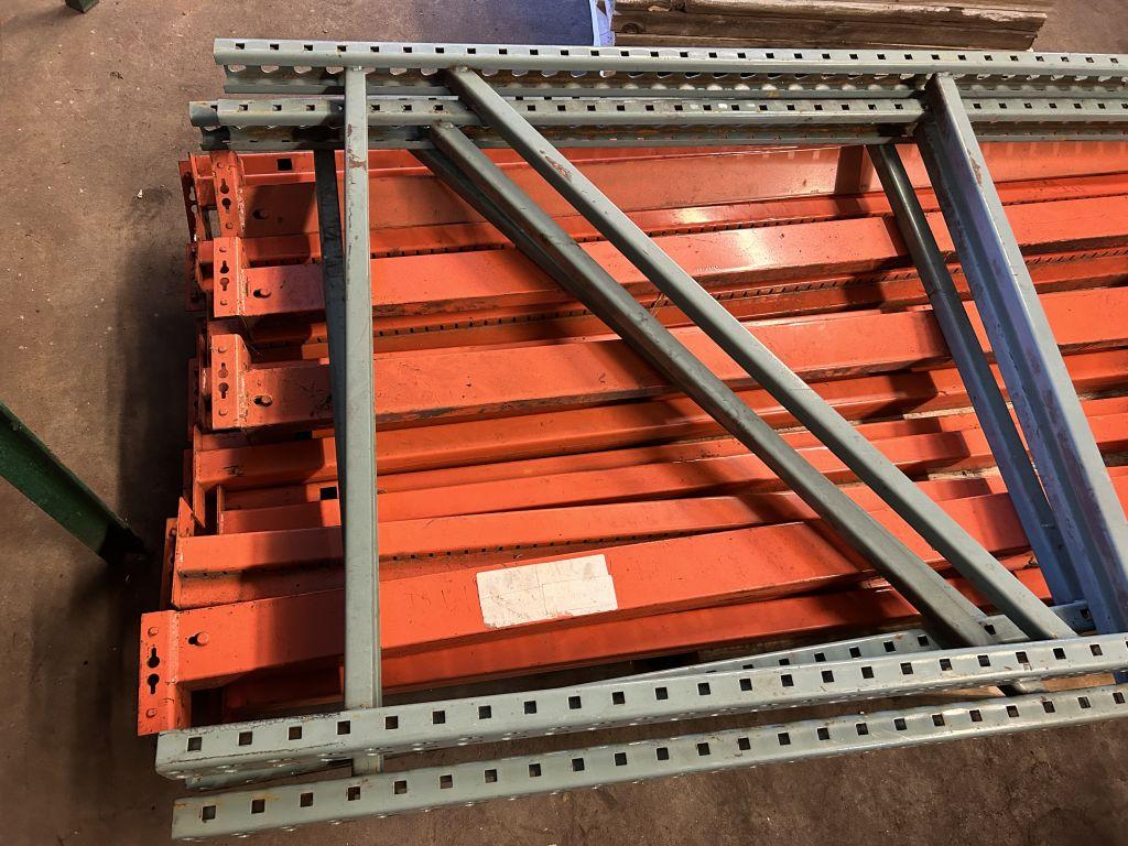 PALLET RAKING, (3 QTY.) 8' UPRIGHTS, (12 QTY.) CROSS BEAMS, WITH SKID OF SHELF WOOD