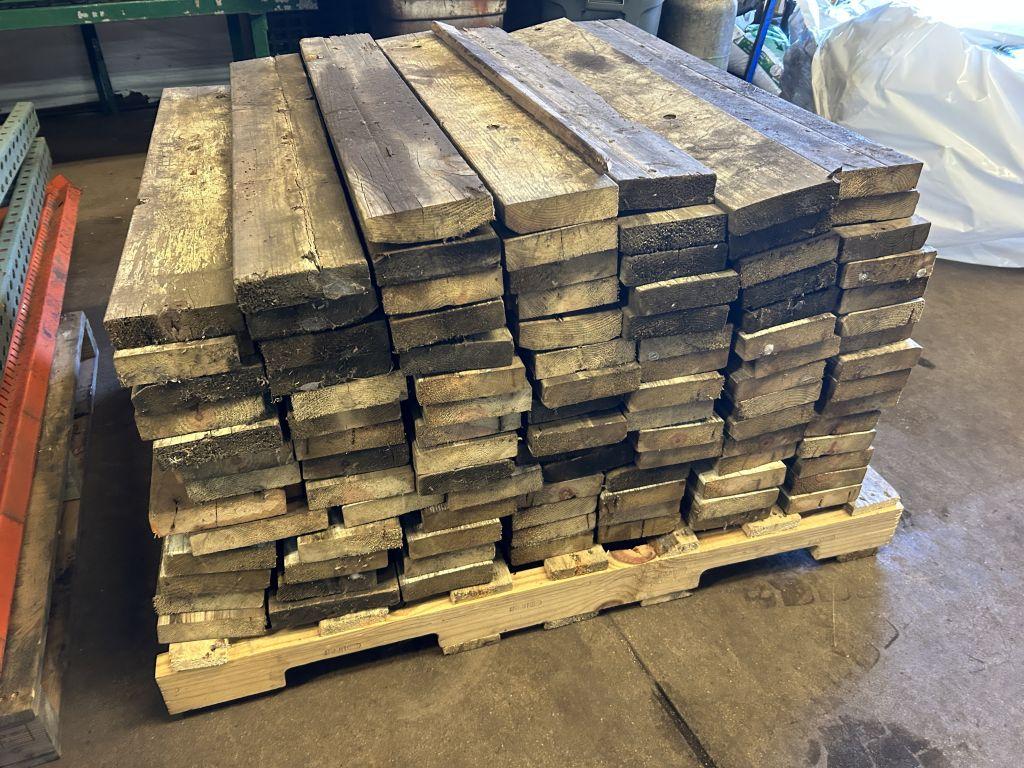 PALLET RAKING, (3 QTY.) 8' UPRIGHTS, (12 QTY.) CROSS BEAMS, WITH SKID OF SHELF WOOD